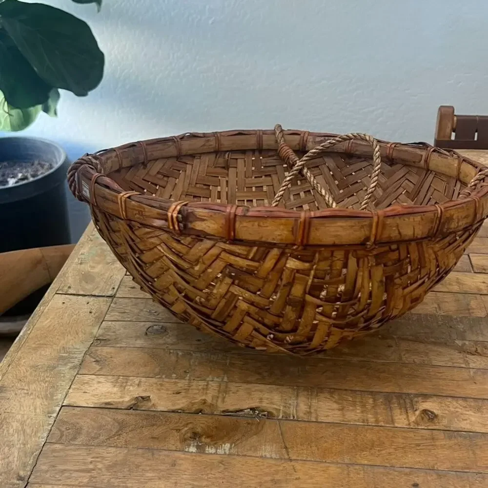 Large Vintage Hanging Basket Bowl Hand Woven Rattan Brown